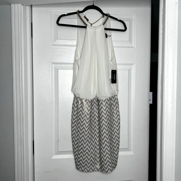 Guess Womens Chevron Print Halter Chain Cocktail Dress Ivory 8